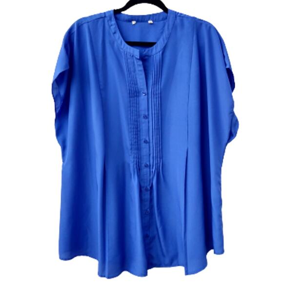 Women's Button Up Blouse Sleeveless Plus Size 26 / 28 Blue Henley Neck Pleats - Picture 1 of 3